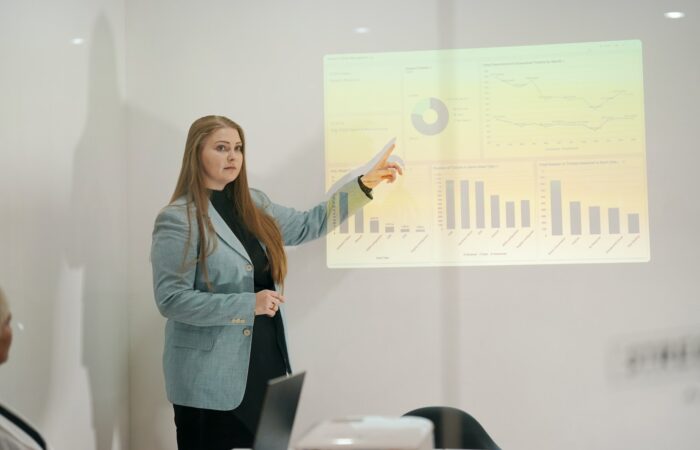 Company leadership explaining briefing project