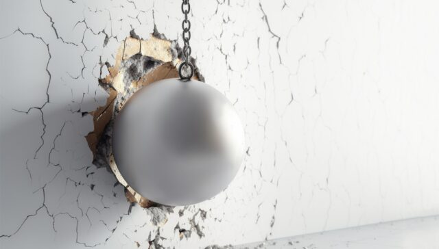 Metallic Wrecking Ball Shattering The White Wall