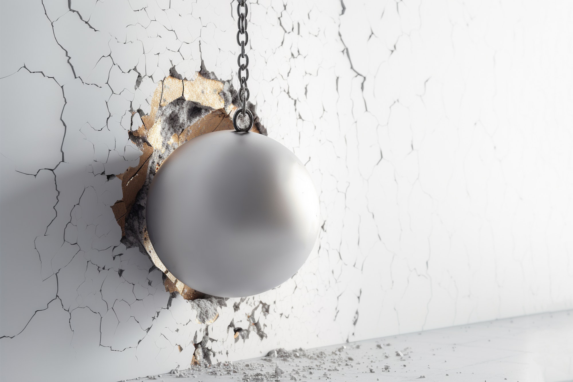 Metallic Wrecking Ball Shattering The White Wall