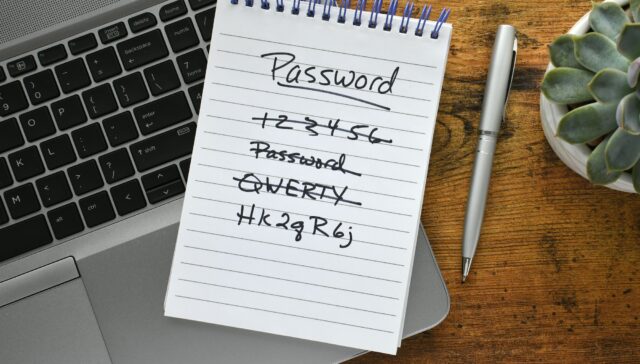 Password list on notebook laying on keyboard of laptop computer on desk. Security strong password