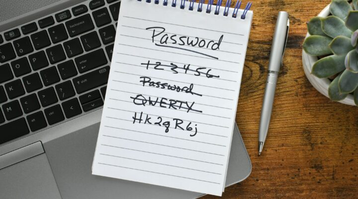 Password list on notebook laying on keyboard of laptop computer on desk. Security strong password